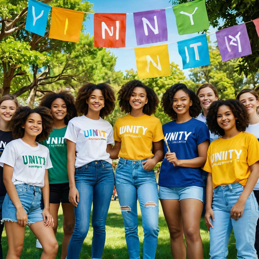 A diverse group of teenagers of different ethnicities standing together in a colorful park, engaged in various activities like painting, playing sports, and collaborating on a community project. The background features lush greenery, bright flowers, and banners that say 'Unity' and 'Empowerment'. The scene should radiate energy and positivity, symbolizing a close-knit community. super-realistic. vibrant colors. sunny day.